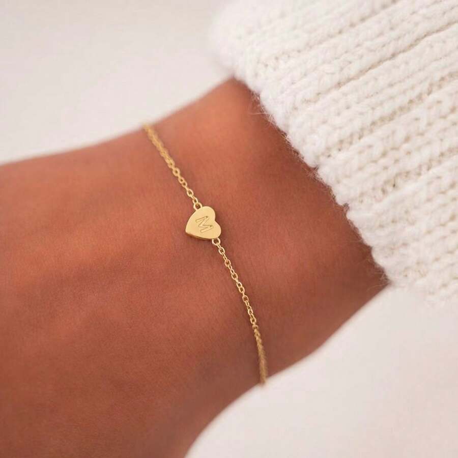 1pc Simple Heart Initial Pendant Golden Stainless Steel Chain Bracelet For Women - Yellow Gold - View 1