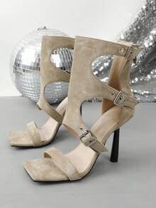 Women's Hollow Out Suede Square Toe Ankle Strap High Heel Boots - Camel - View 8