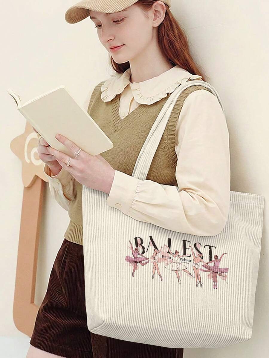 1/2pcs Ballet Dancer Letter Print Corduroy Large Capacity Open Top Tote Bag, Holds Books Daily Essentials For Student School Shopping Daily Travel - Multicolor - View 1