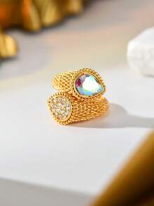 1pc Vintage Woven Pattern Copper Material Inlaid Colorful Teardrop Zirconia Open Ring, Women's Evening, Wedding, Party, Holiday Gift Accessory - Multicolor - View 10
