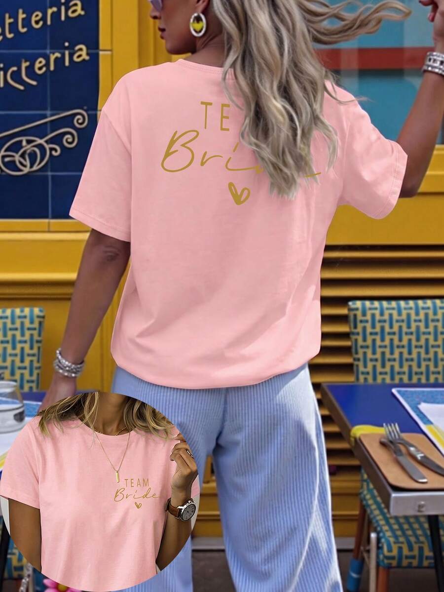 Women's Casual Round Neck Short Sleeve T-Shirt With Wedding Theme Patterns And "Bride Tribe" Slogan, Suitable For Daily Wear, Wedding, Spring/Summer/Autumn Pink - Pink - View 1