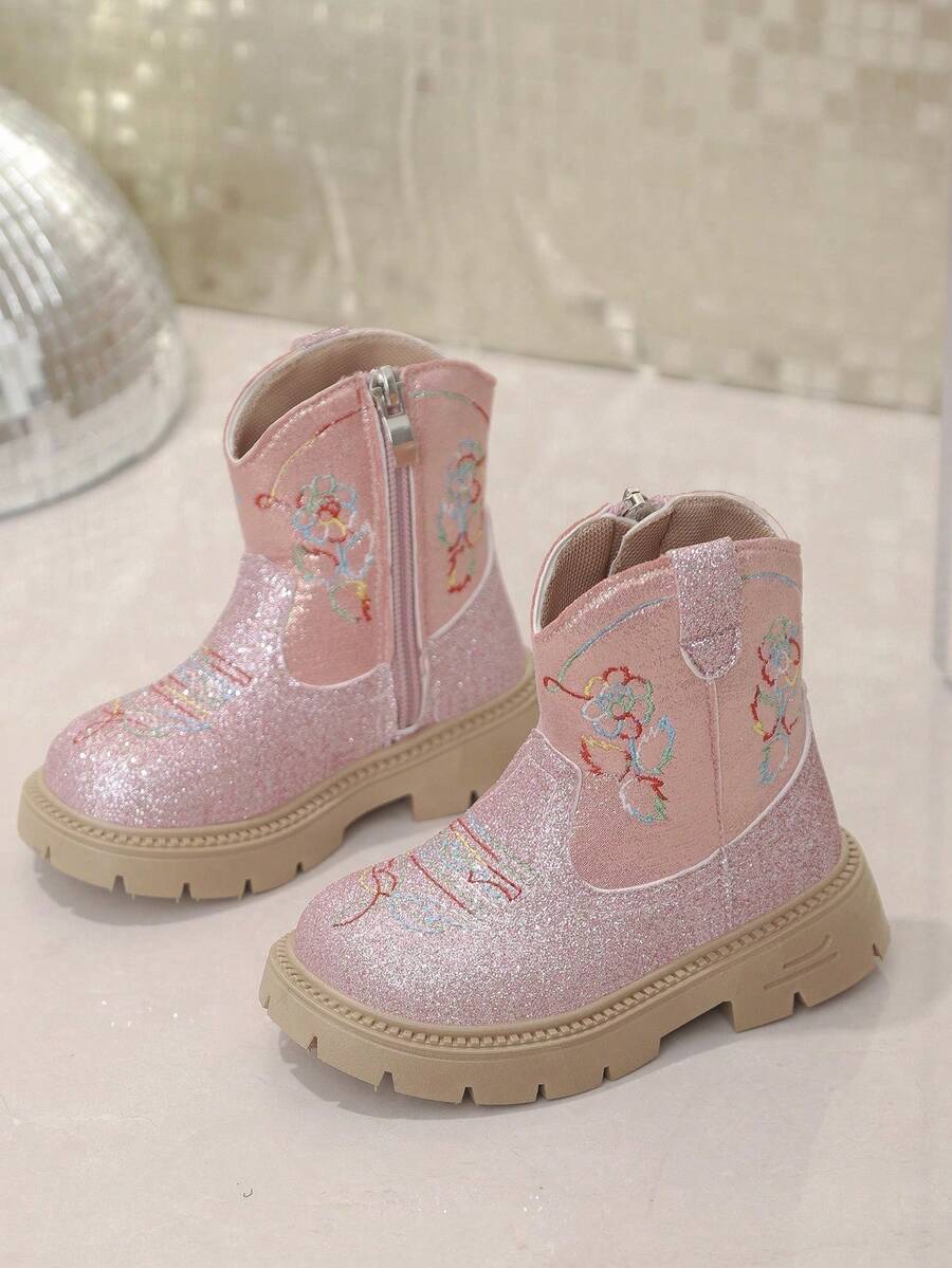 1雙嬰幼兒兒童刺繡西式舒適輕量平底靴,適合秋冬日常戶外穿著 - 粉色 - 查看 1