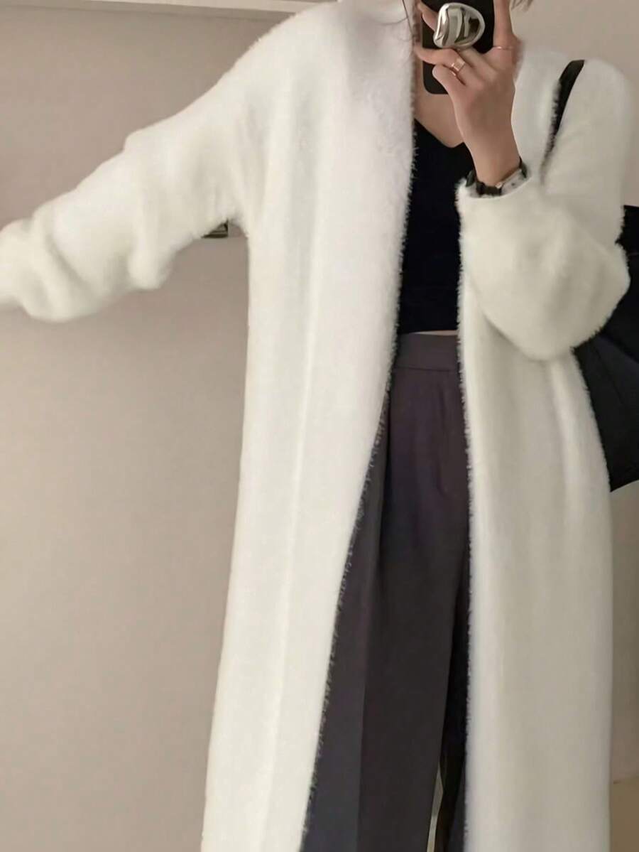女款純色長袖針織開襟外套,適合秋冬穿著 - 白色 - 查看 1