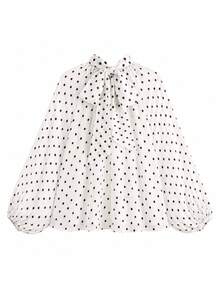 Plus Size Women's Pure White Polka Dot Elegant Chiffon Stand Collar Loose Tie Back Blouse, Suitable For Vacation Beach Spring Autumn - White - View 5