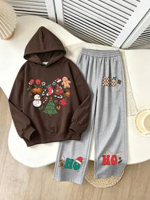2pcs/Set Boys Hoodie With Christmas Tree, Christmas Stocking And Christmas Theme Prints, Paired With Loose Wide Leg Pants, Boys Holiday Outfit Set - Brown - View 2