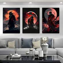 3-Piece Set Mysterious Warrior Wall Art, Red Moon And Mountain Background, Optional Frame - A - View 1