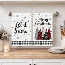 2pcs Christmas Tree & Funny Gnome Pattern Cleaning Cloths, 18x26in Absorbent Fluffy Towel Set, Soft Quick-Dry Kitchen Towels, Suitable For Bathroom, Living Room, Kitchen Home Decor, Christmas Decoration, Christmas Gift For Friends And Family - Black and White - View 2