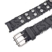 1pc Men's Denim Embossed Washed Double Buckle Belt, Popular Style - Black - View 5