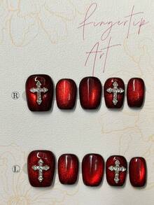 10片裝萬聖節深血紅色亮片水鑽裝飾十字架美甲可拆卸可重複使用假指甲美甲用品（1片果凍貼 + 1片指甲锉） - 酒紅色 - 查看 4