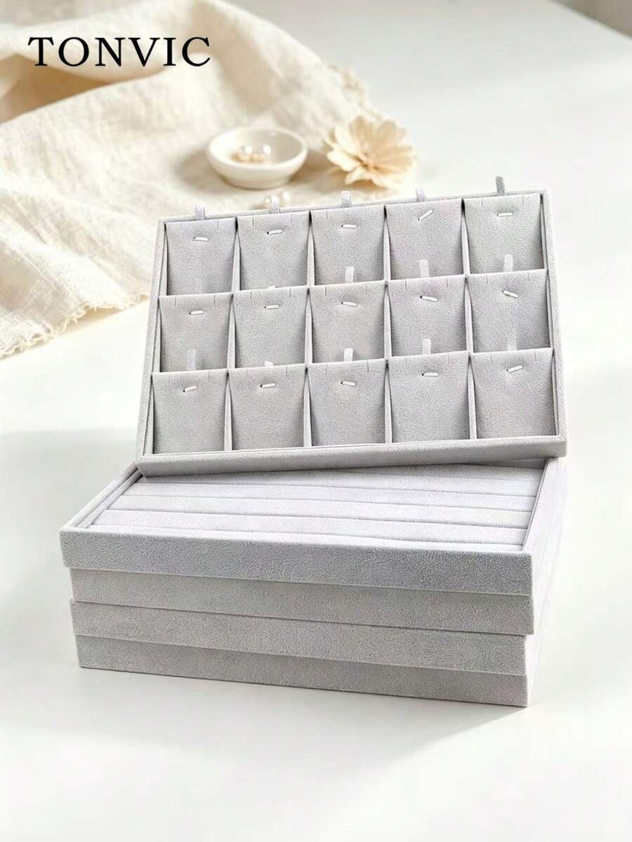 TONVIC 1pc/2pcs Velvet Jewelry Watch Tray Ring Earring Bracelet Necklace Storage Tray