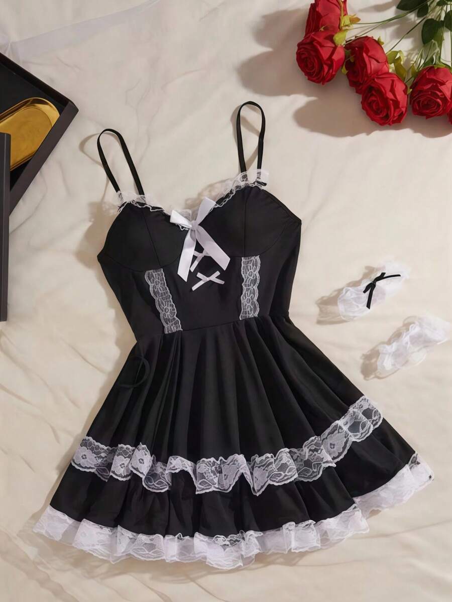 1 Set Lace Sexy Uniform, Maid Nightgown, Bar, Halloween Party Costume - Black - View 1