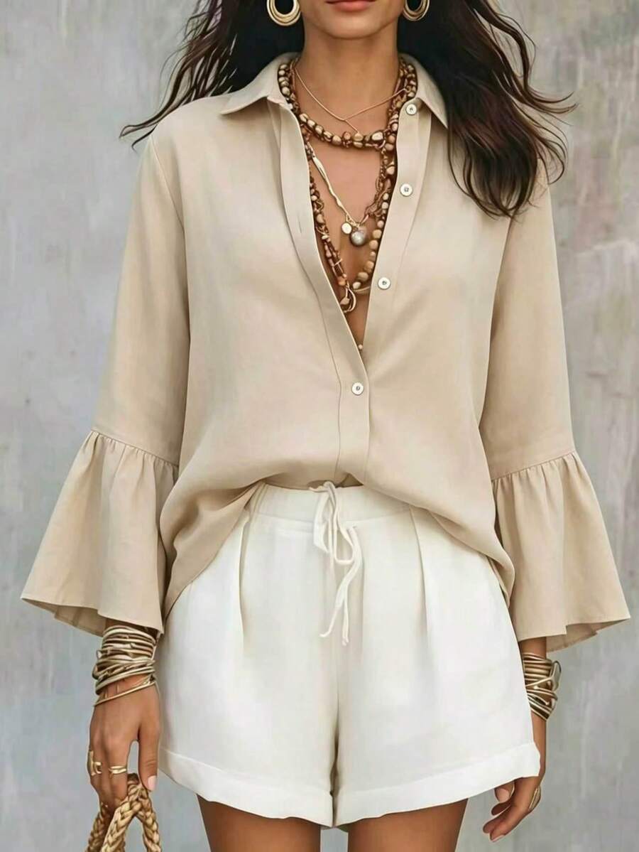 Solid Color Collared Button-Up Shirt, Loose Short Flare Ruffle Long Sleeve Women's Blouse, Back Pleated Design, Drapey Breathable Flattering Slimming, Versatile Commute Basic Style; Autumn Daily Wear, Suitable For Office, Date, Campus, Travel, Party, Perfect For Valentine's Day, Back To School, Thanksgiving, Elegant Minimalist Women's Clothing, Multiple Colors Available