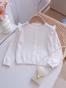 Cardigan Rajut Anak Perempuan Musim Semi/Panas dengan Rumbai Tipis dan Pom Pom Kecil Motif Polkadot - Putih - View 1