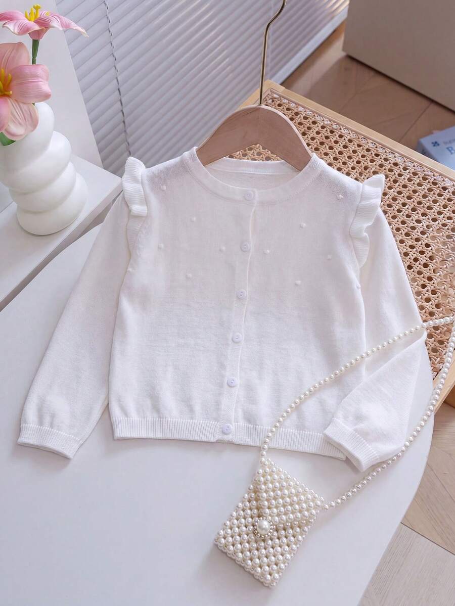 Cardigan Rajut Anak Perempuan Musim Semi/Panas dengan Rumbai Tipis dan Pom Pom Kecil Motif Polkadot - Putih - View 1