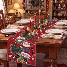 1pc Christmas Tree Santa Claus Snowflake Print Table Runner, Suitable For Holiday, Party, Birthday, Dinner, Restaurant Table Decor, Christmas Home Decoration - Multicolor - View 2