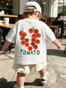 Unisex Baby Tomato Slogan Print Back Graphic T-Shirt, Loose Fit Soft Knit Summer Short Sleeve Top, Suitable For Little Boys - White - View 2