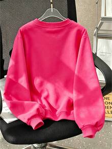 Girls' Crew Neck Pullover Sweatshirt, Printed With Shiny Black Bow Pattern, Sweet Style Loose Fit, Suitable For Spring And Autumn - Hot Pink - View 4