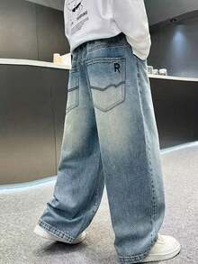 Tween Boy Fashion Back Pocket Floral Insert Denim Jeans - Medium Wash - View 3