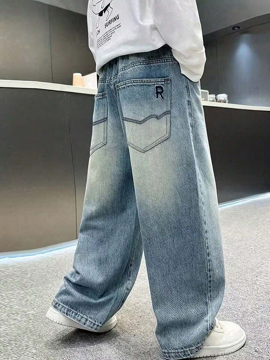 Tween Boy Fashion Back Pocket Floral Insert Denim Jeans - Medium Wash - View 1