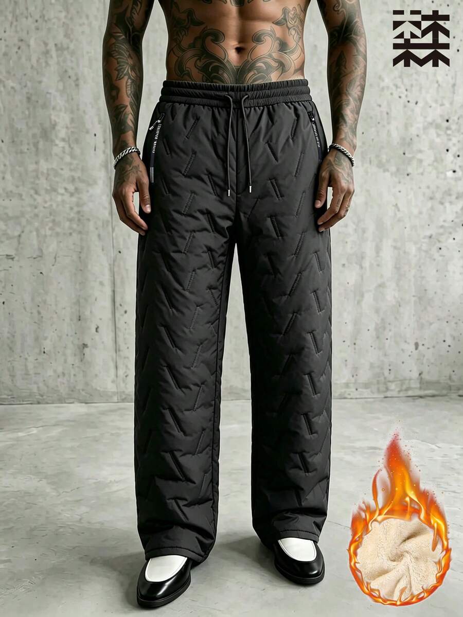 mulinsen Men's Winter Thick Fleece Lined Quilted Sweatpants, Windproof Durable, Straight Leg, Drawstring Elastic Waist - Black - View 1