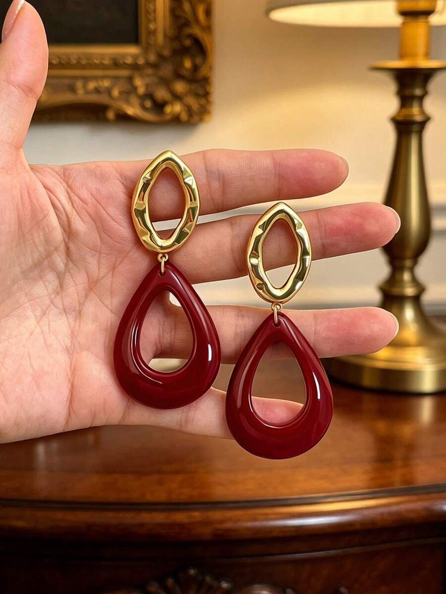 Betykuku 1 Pair European & American Old Money Street Fashion Green & Red Flower Pendant Earrings For Women & Girls, Daily Casual Party Jewelry Gift