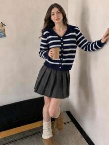 Wixra 條紋印花鈕扣前襟水手領針織開襟衫 寬肩長袖寬鬆休閒毛衣外套 - 藏蓝色 - 查看 3