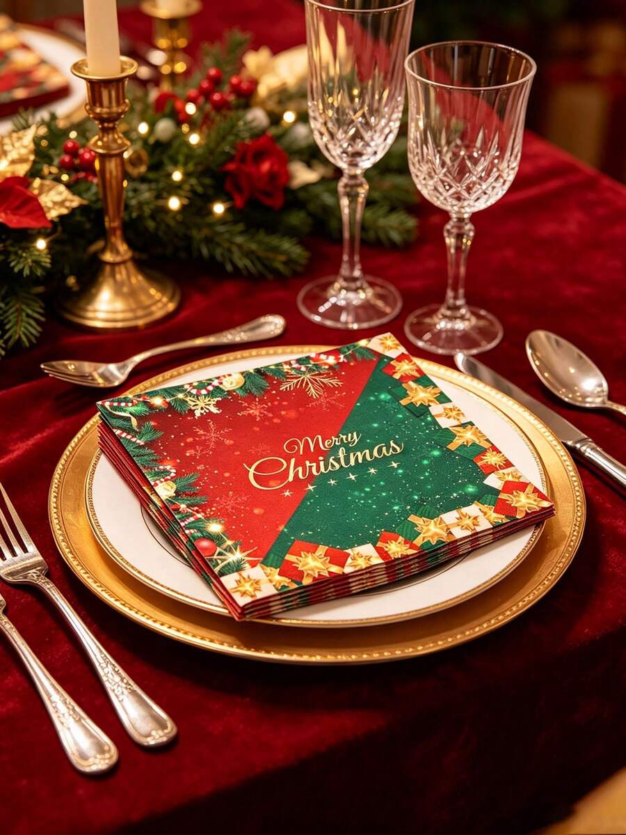 20pcs/1pc Christmas Napkins, Red & Green Christmas Theme Disposable Napkins, Suitable For Winter Christmas New Year Home Party Supplies - Multicolor - View 1