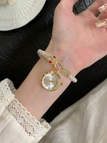 1pc Round White Dial Adjustable White Beaded Strap Delicate Mixed Markers Suitable For Various Occasions. - Gold - View 3