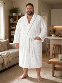 1pc Men's Solid Color Bathrobe, High-End Comfortable Breathable Soft Plush Absorbent Quick-Dry, Long Home Wear, Sleepwear, Bathrobe, Morning Robe, Suitable For Home/Spa/Hotel/Leisure, All Seasons, Bathroom Decor - White - View 3