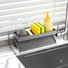 1pc Kitchen Sink Organizer Rack, Dishcloth Drying Rack, Countertop Dish Soap & Brush Storage Rack With 45° Slanted Auto-Drain Tray And Dishcloth/Towel Hanging Bar - Multicolor - View 6