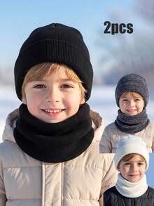 2pcs/Set Unisex Kids Knit Hat + Scarf Set, Warm Autumn/Winter Children's 2 Pieces Set, Fashion Knit Hat Set, Solid Color Kids Outfit - 2PCS - View 2