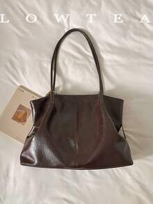 low tea 1pc Pleated PU Fabric Shoulder Tote Bag Suitable For Commuting, Shopping, Etc. (With Pendant) - Coffee - View 5