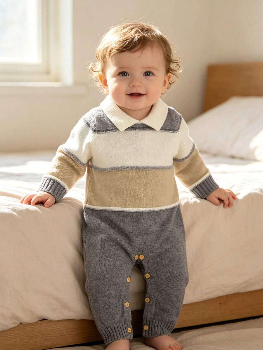 Infant Gentleman Style Collared Sweater Romper, Colorblock Wide Striped Minimalist Jumpsuit - Grey - View 1