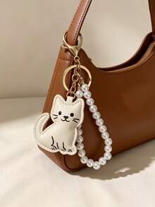 1 buah Gantungan Kunci Kulit PU Motif Kucing Tersenyum Kartun untuk Wanita dengan Rantai Mutiara Imitasi, Gantungan Kunci Tas, Ransel, Mobil, Jahitan Tangan, Hadiah Kecil Kreatif untuk Pecinta Kucing - MultiWarna - View 9