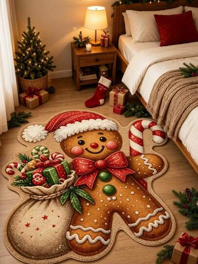 1 Stück Weihnachts-Lebkuchenmann-Teppich mit Geschenk, Weihnachts-Herbst-Winter-Teppich, Bodenmatte, Heimdekoration, Teppich, Außenmatte, Heimdekoration, Teppich, Schlafzimmerteppich, waschbarer Teppich