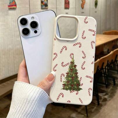 1pc TPU Material Candy Cane Bow Christmas Tree Pattern Phone Case Compatible With IPhone 17 Pro Max/17/16 Pro Max/15/13/12/11/ S20 FE/A15/S24/A55/ Note 11/Note 12/Note 13 Pro Full Coverage Anti-Drop Soft Shell Phone Protective Cover