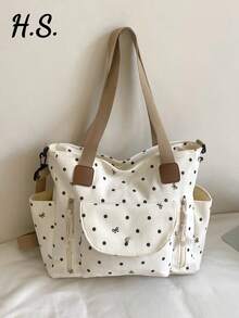 New Korean Style Gentle Polka Dot Bow Decor Large Capacity Multi-Pocket Shoulder Bag, Retro Sweet Lazy Casual Versatile Colorblock Detachable Long Strap Tote Bag, Suitable For Students, Classroom, Commuting, Work, Daily, Shopping, Vacation, Travel - Multicolor - View 3
