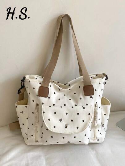 New Korean Style Gentle Polka Dot Bow Decor Large Capacity Multi-Pocket Shoulder Bag, Retro Sweet Lazy Casual Versatile Colorblock Detachable Long Strap Tote Bag, Suitable For Students, Classroom, Commuting, Work, Daily, Shopping, Vacation, Travel