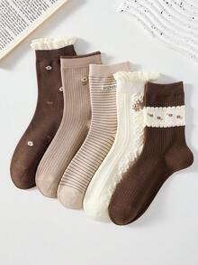 5 Pasang Kaos Kaki Wanita Motif Bunga dan Desain Renda Cantik Warna Kopi, Panjang Setengah Betis, Musim Gugur/Dingin, Anti Selip, Nyaman, dan Lembut - Coffee Brown - View 4