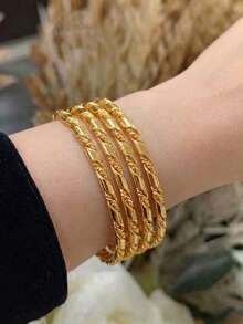 4Pcs 24K Gold Plated Twisted Rope Bangle Set, Rust-Resistant Gold Alternative Stackable Slash Metal Solid Bracelet Fine Jewellery - 01 - View 2