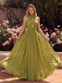UNITHORSE Elegant Women's Chiffon Maxi Dress, Sexy V-Neck Backless Evening Gown - lemon Green - View 4