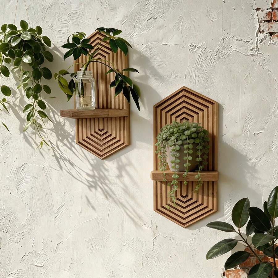 Hexagonal Floating Shelf For Plants And Small Items, Mid Century Modern Boho Wall Decor,Bohemian Diamond Shaped Room Decor Wall Shelf. - Multicolor - View 1