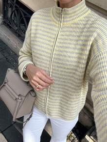 Suéter de punto Joy para mujer Otoño/Invierno Moda Nuevo Estilo - Tops Básicos - Moda Casual Simple Versátil - Cuello Alto de Tortuga Rayado con Cremallera Dulce Suéter de Punto Holgado Chaqueta de Punto - Atuendos de Oficina para Mujeres - Tops para Salir - Fiesta - Amarillo - Ver 4