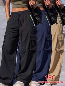 Women's Straight Drawstring Elastic Waist Zipper Pocket Sweatpants, Casual Outdoor Straight Cargo Pants, Neon Color Accents, Spring/Autumn Black - Black - View 11