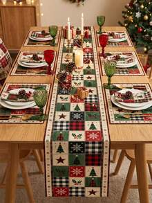 Christmas Patchwork Plaid Table Runner And Placemat Set, Christmas Tree Snowflake Holly Print Polyester Table Decor, Washable And Reusable, Christmas Party Home Decoration, Multiple Sizes Available - A - View 1
