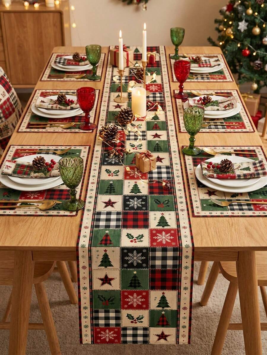 Christmas Patchwork Plaid Table Runner And Placemat Set, Christmas Tree Snowflake Holly Print Polyester Table Decor, Washable And Reusable, Christmas Party Home Decoration, Multiple Sizes Available - A - View 1