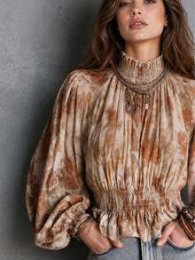 Vintage Bohemian Floral Print Cinched Waist Chiffon Women's Blouse With Floral Print Chiffon Ruffle Trim Pleated Hem For Dating And Daily Wear In Autumn - Orange - View 3