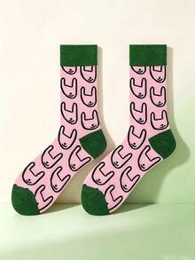 3 Pairs Pink & Green Colorblock Mid-Calf Socks For Women, Abstract Cartoon Rabbit Slouch Socks, Ins Style - Multicolor - View 5
