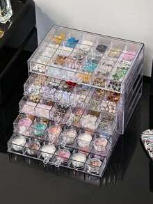 1 pieza Caja de almacenamiento de decoración de uñas con rhinestones de múltiples funciones, práctica y de moda, de acrílico transparente y multicapa, adecuada para anillos, aretes, collares, pulseras y otras joyas, decoración de habitación 45FY - Nivel 5-120 celdas - Ver 1