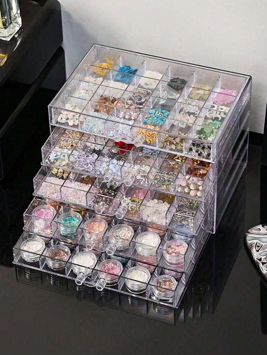 1 pieza Caja de almacenamiento de decoración de uñas con rhinestones de múltiples funciones, práctica y de moda, de acrílico transparente y multicapa, adecuada para anillos, aretes, collares, pulseras y otras joyas, decoración de habitación 45FY - Nivel 5-120 celdas - Ver 1